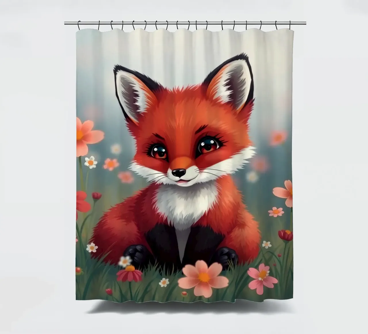 Charmanter Rotfuchs inmitten bunter Wildblumen Duschvorhang von DesignDoodle