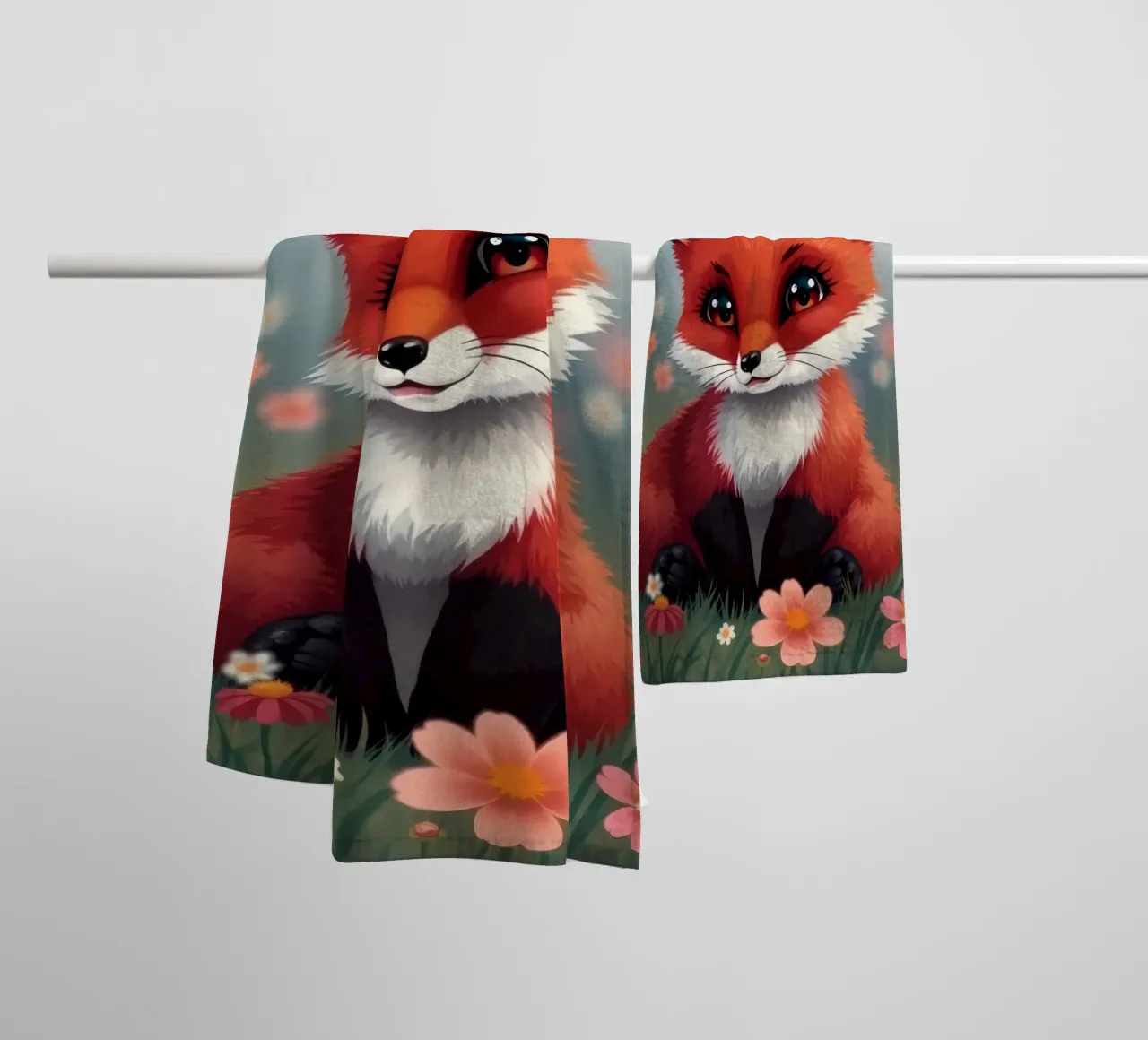 Charmanter Rotfuchs inmitten bunter Wildblumen Handtuch von DesignDoodle
