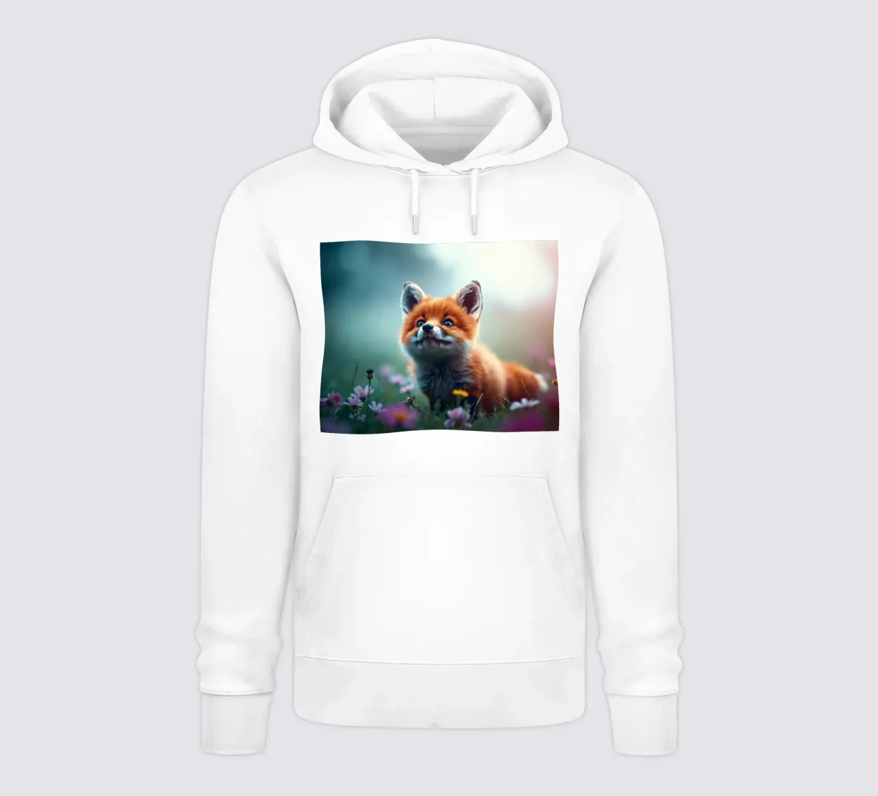 Simpatico cucciolo di volpe che esplora un prato ricco di fiori selvatici felpa con cappuccio da DesignDoodle
