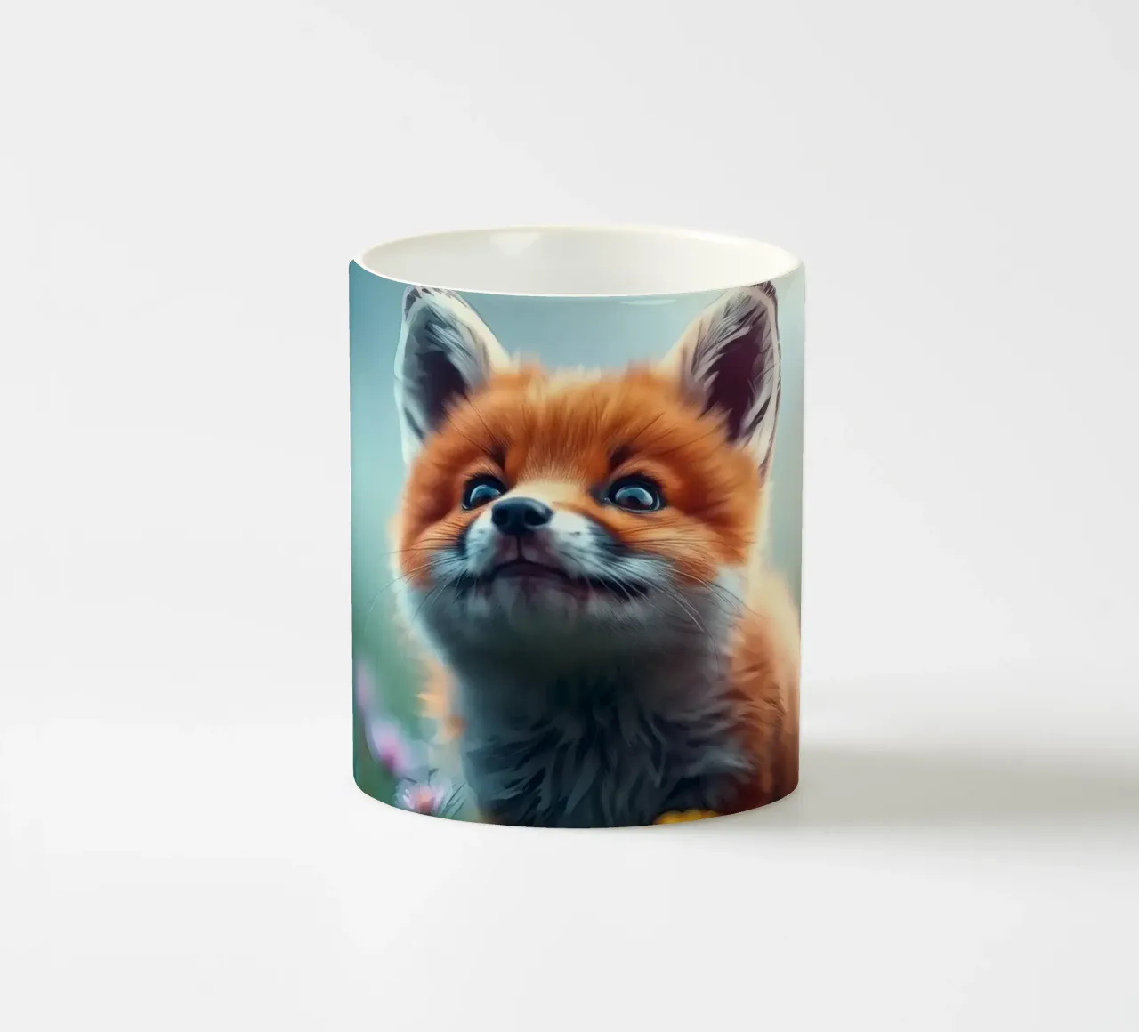 Simpatico cucciolo di volpe che esplora un prato ricco di fiori selvatici tazza in ceramica da DesignDoodle