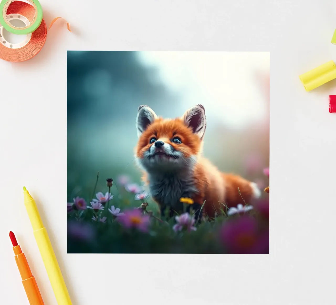 Cute fox cub exploring a meadow filled with vibrant wildflow sticker by DesignDoodle