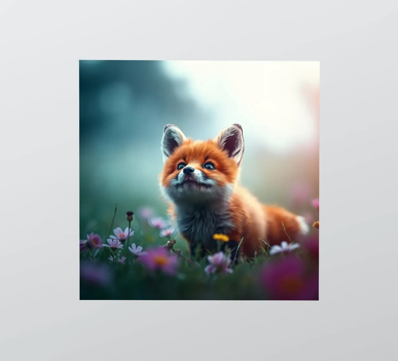 Cute fox cub exploring a meadow filled with vibrant wildflow sticker by DesignDoodle
