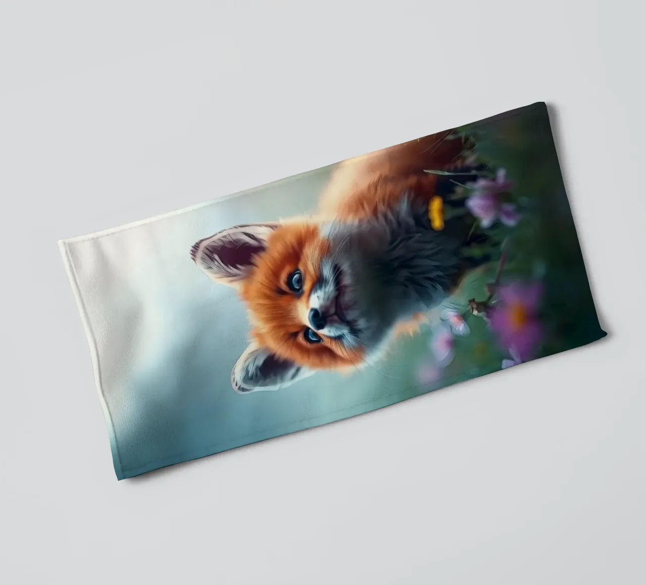 Cute fox cub exploring a meadow filled with vibrant wildflow towel by DesignDoodle