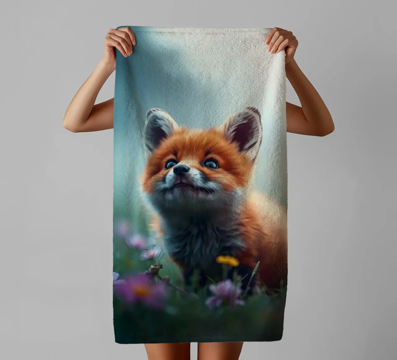Cute fox cub exploring a meadow filled with vibrant wildflow towel by DesignDoodle