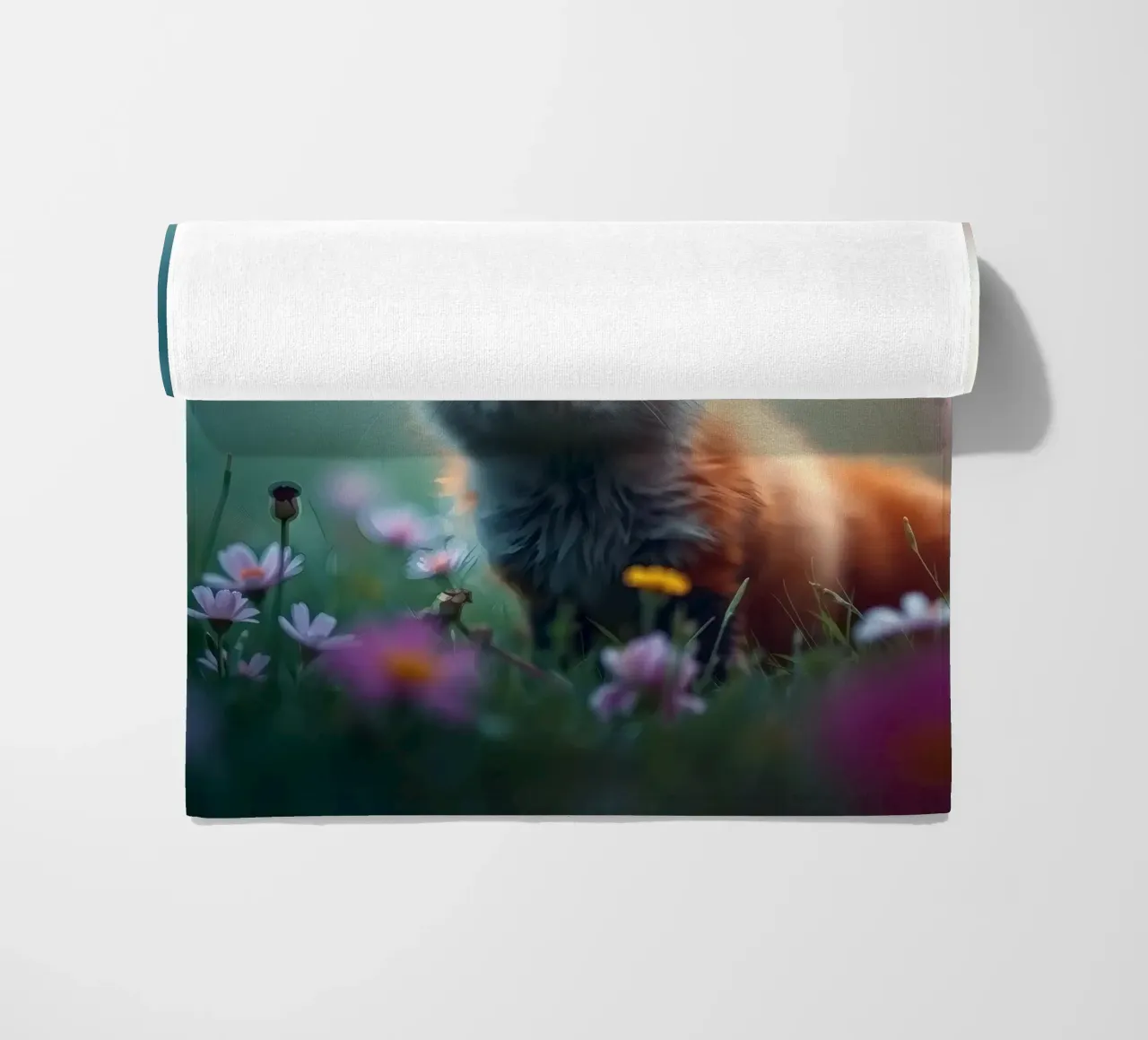 Simpatico cucciolo di volpe che esplora un prato ricco di fiori selvatici telo mare da DesignDoodle