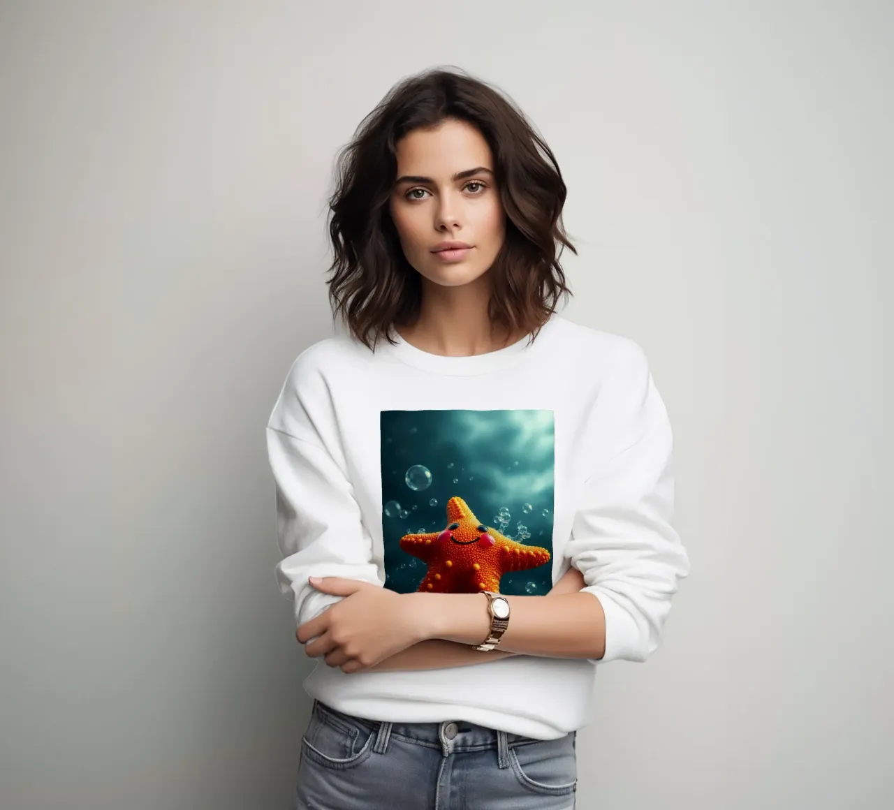 Glückliche Seesterne schwimmen in tiefblauem Wasser mit Blasen Sweatshirt von DesignDoodle
