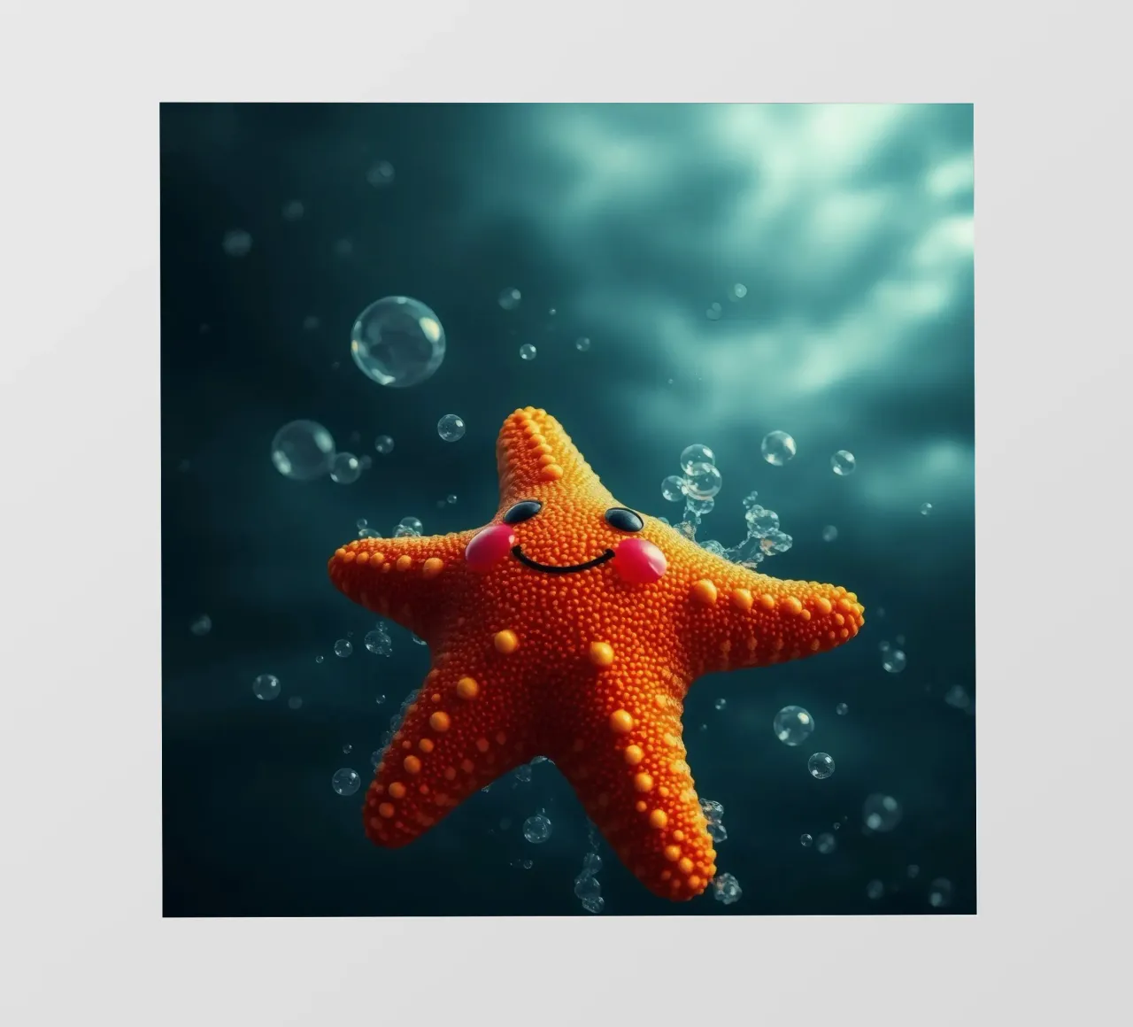 Étoile de mer heureuse nageant dans une eau bleue profonde avec des bulles film rétro-éclairé de DesignDoodle
