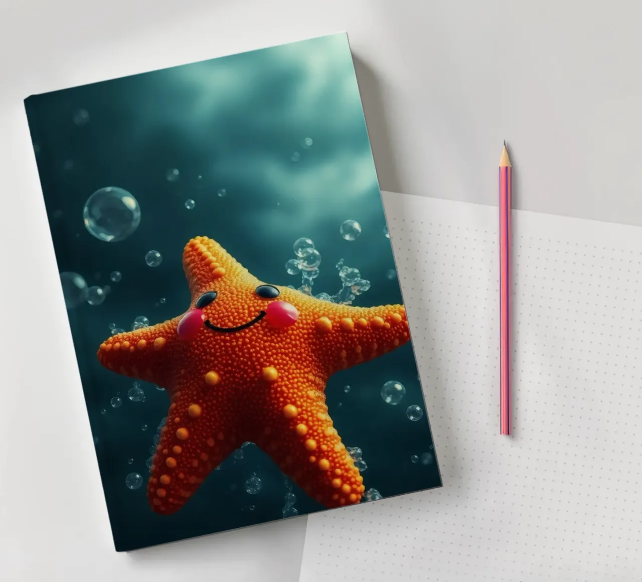 Happy starfish swimming in deep blue water with bubbles notebook by DesignDoodle