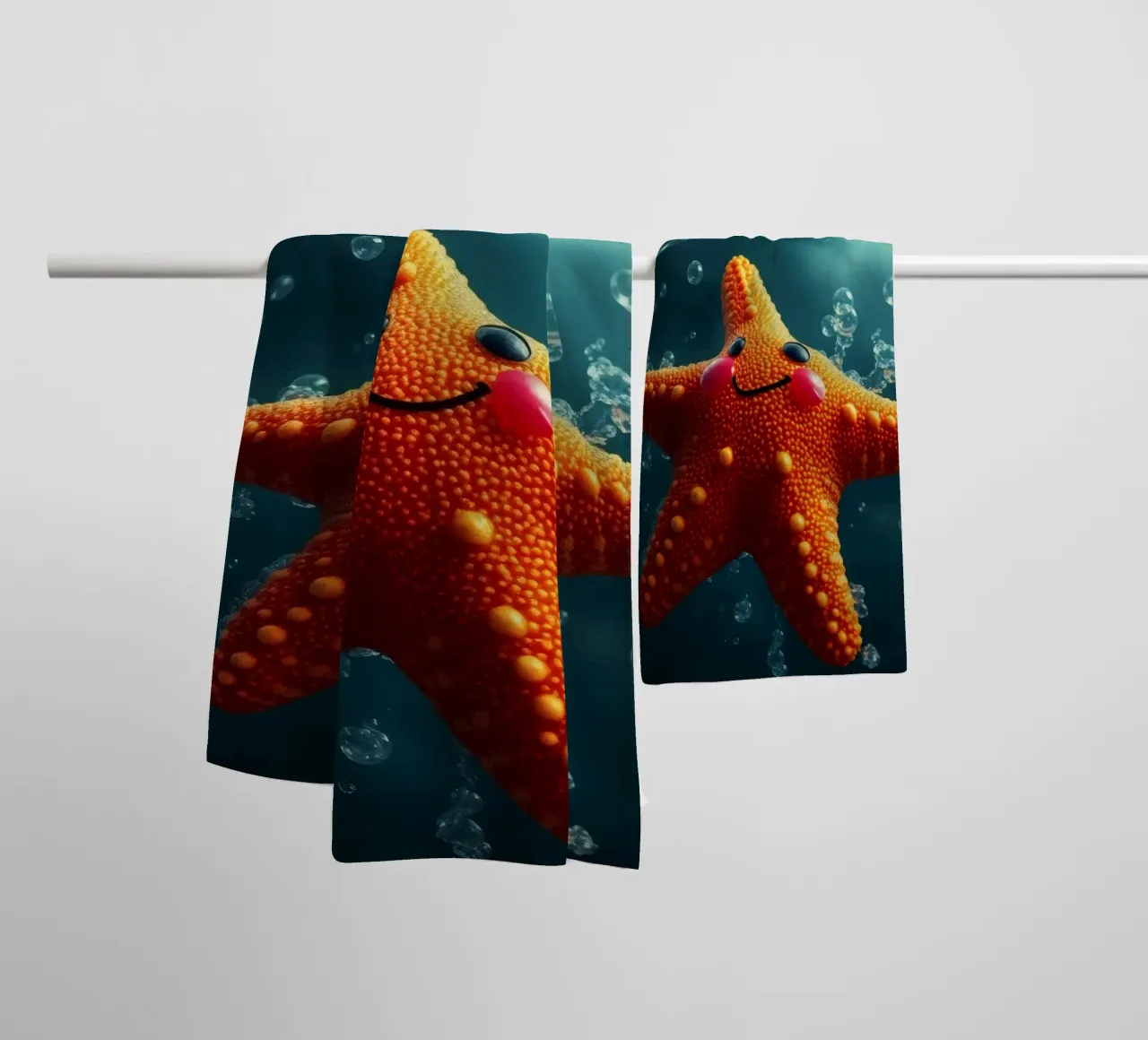 Étoile de mer heureuse nageant dans une eau bleue profonde avec des bulles serviette de bain de DesignDoodle