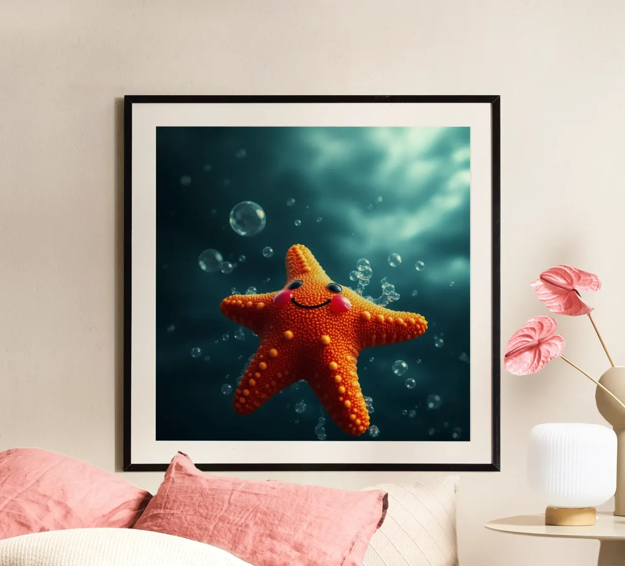 Glückliche Seesterne schwimmen in tiefblauem Wasser mit Blasen Poster mit Kunststoffrahmen von DesignDoodle
