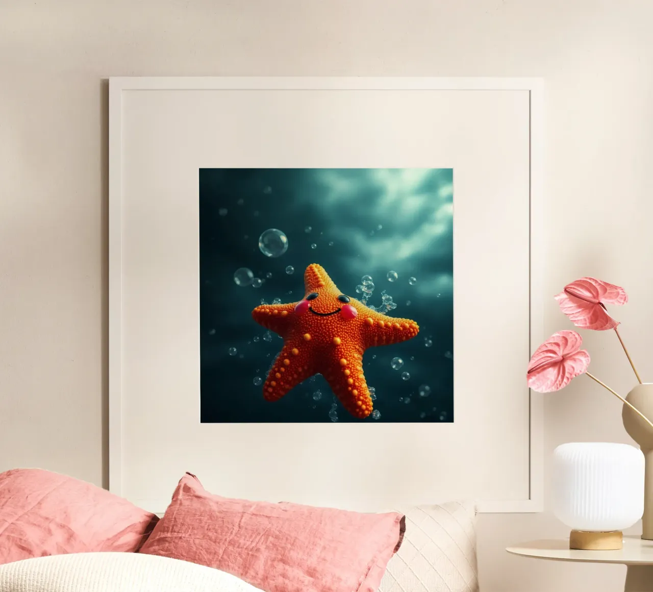 Glückliche Seesterne schwimmen in tiefblauem Wasser mit Blasen Poster mit Kunststoffrahmen von DesignDoodle