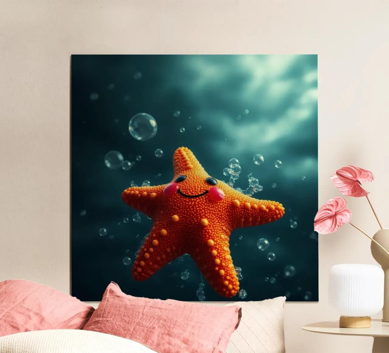 Glückliche Seesterne schwimmen in tiefblauem Wasser mit Blasen Poster mit Kunststoffrahmen von DesignDoodle