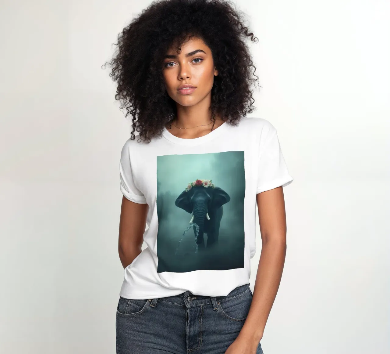 Elephant adorned with flowers displaying beauty in a misty women's fitted t-shirt by DesignDoodle