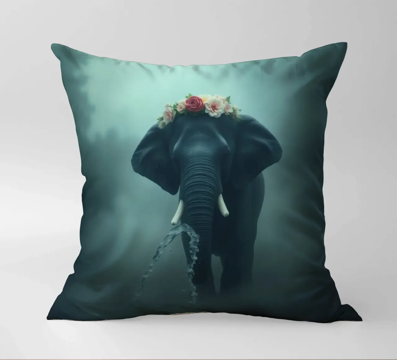 Elephant adorned with flowers displaying beauty in a misty decorative cushion by DesignDoodle