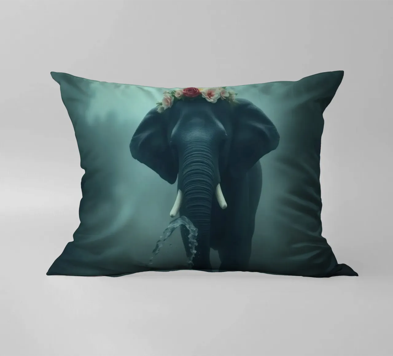 Elephant adorned with flowers displaying beauty in a misty decorative cushion by DesignDoodle
