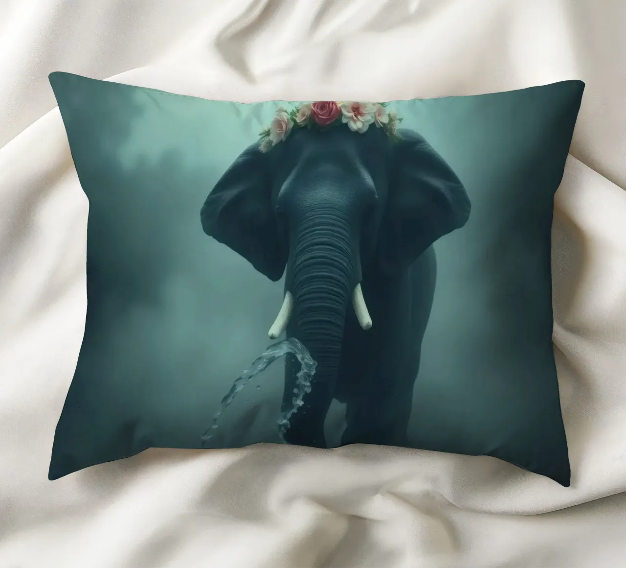 Elephant adorned with flowers displaying beauty in a misty decorative cushion by DesignDoodle