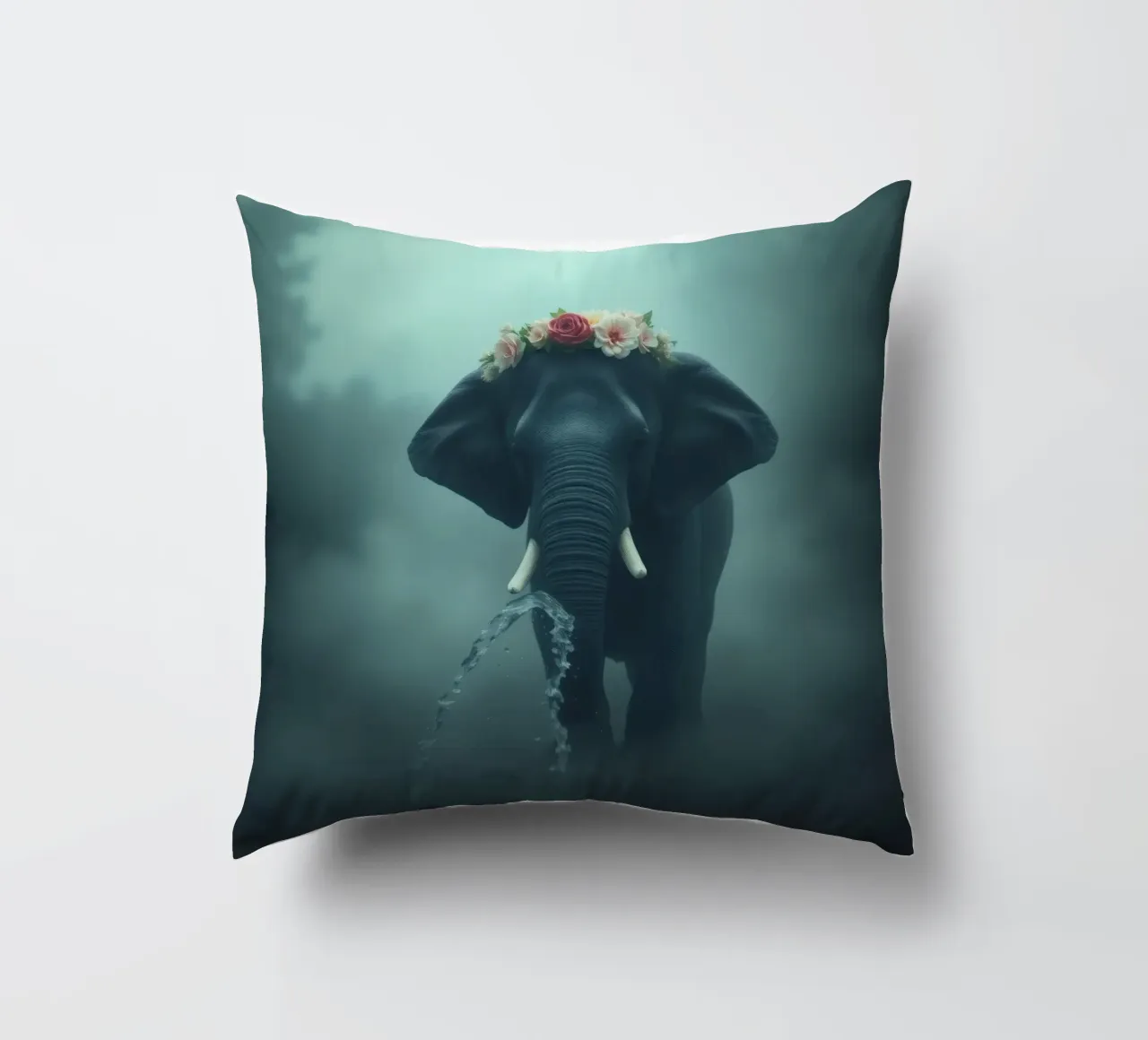 Elephant adorned with flowers displaying beauty in a misty decorative cushion by DesignDoodle