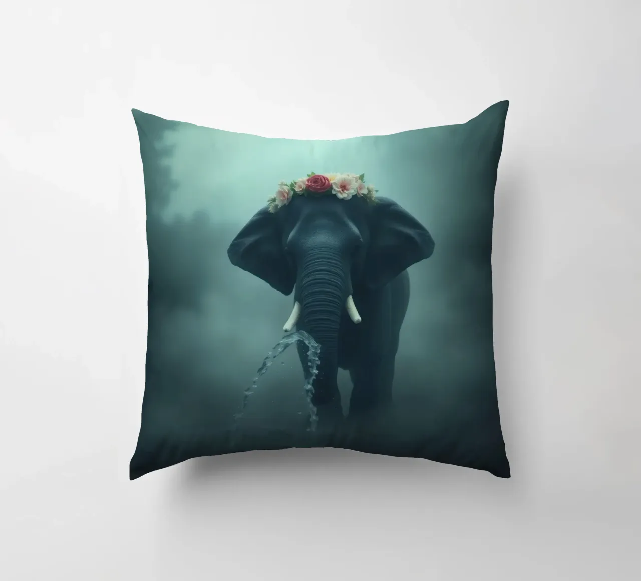 Elephant adorned with flowers displaying beauty in a misty decorative cushion by DesignDoodle