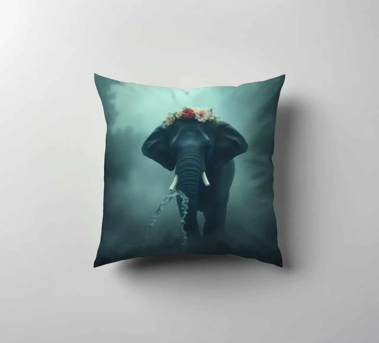 Elephant adorned with flowers displaying beauty in a misty decorative cushion by DesignDoodle