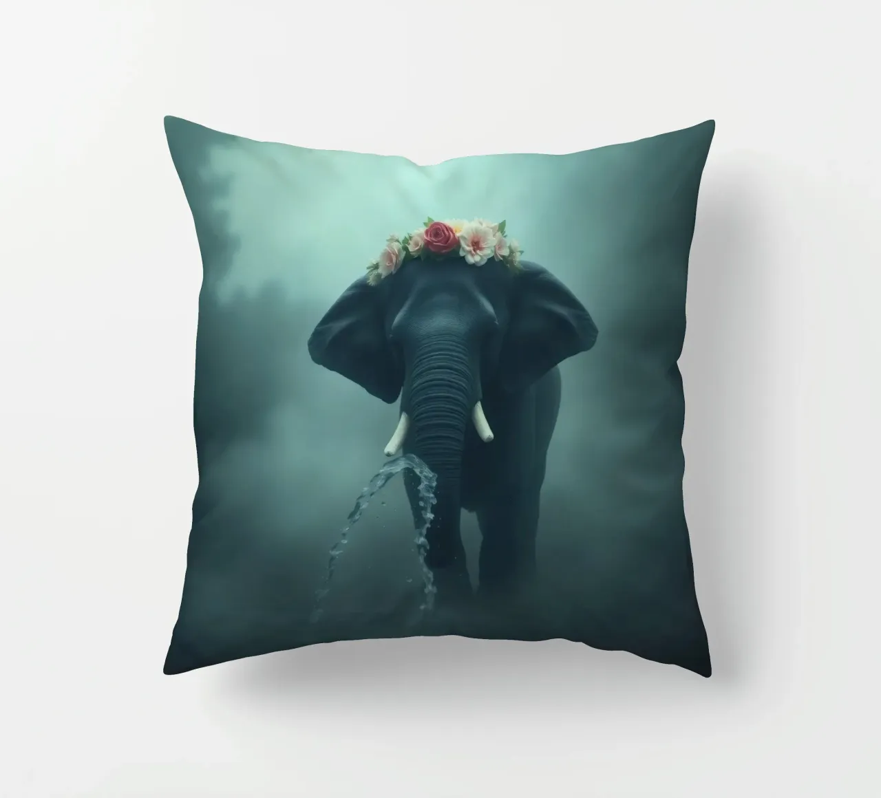 Elephant adorned with flowers displaying beauty in a misty decorative cushion by DesignDoodle
