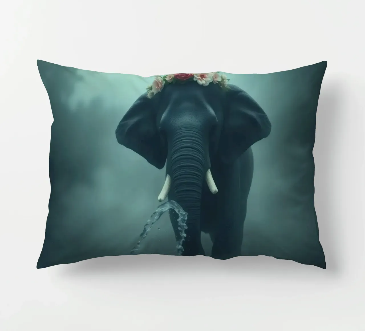 Elephant adorned with flowers displaying beauty in a misty decorative cushion by DesignDoodle