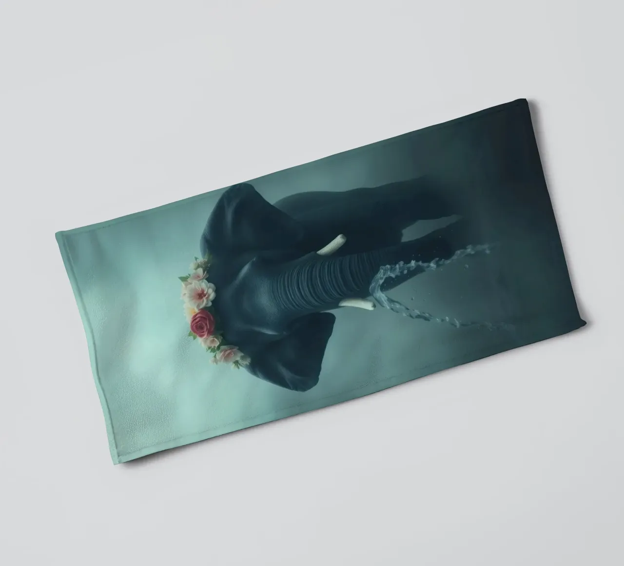 Elephant adorned with flowers displaying beauty in a misty towel by DesignDoodle