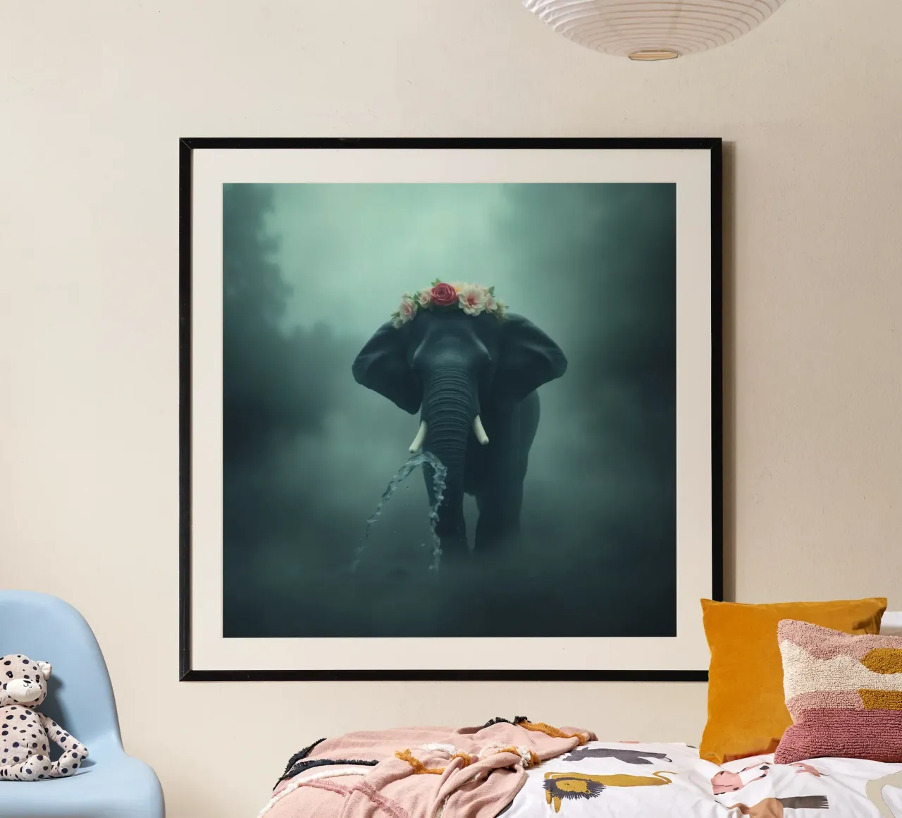 Elephant adorned with flowers displaying beauty in a misty hahnemühle by DesignDoodle