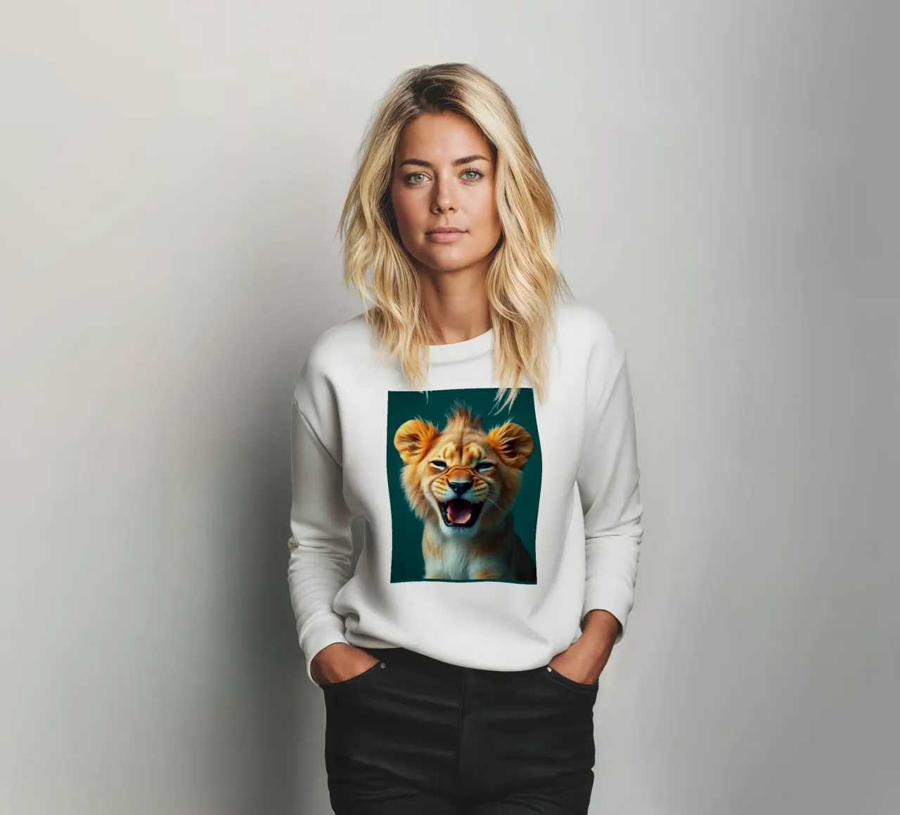 Leeuwenwelp toont speelse energie met een blije uitdrukking sweatshirt van DesignDoodle