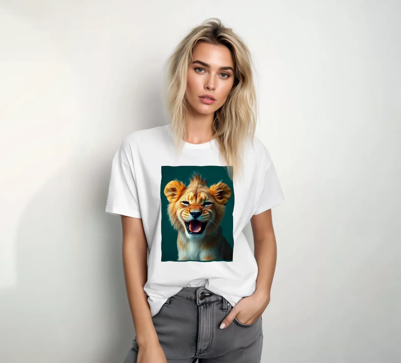 Leeuwenwelp toont speelse energie met een blije uitdrukking t-shirt van DesignDoodle