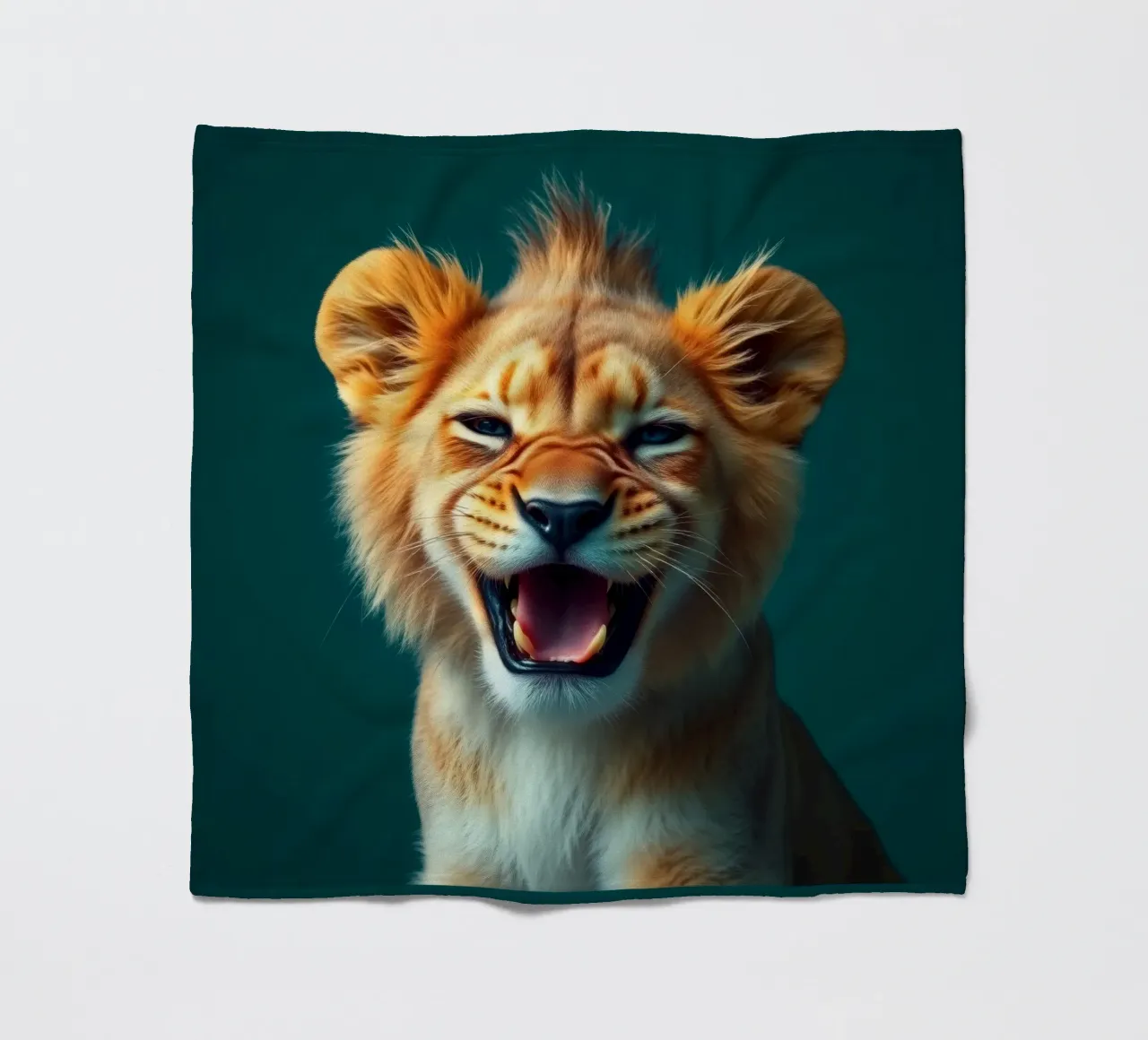 Leeuwenwelp toont speelse energie met een blije uitdrukking fleecedeken van DesignDoodle