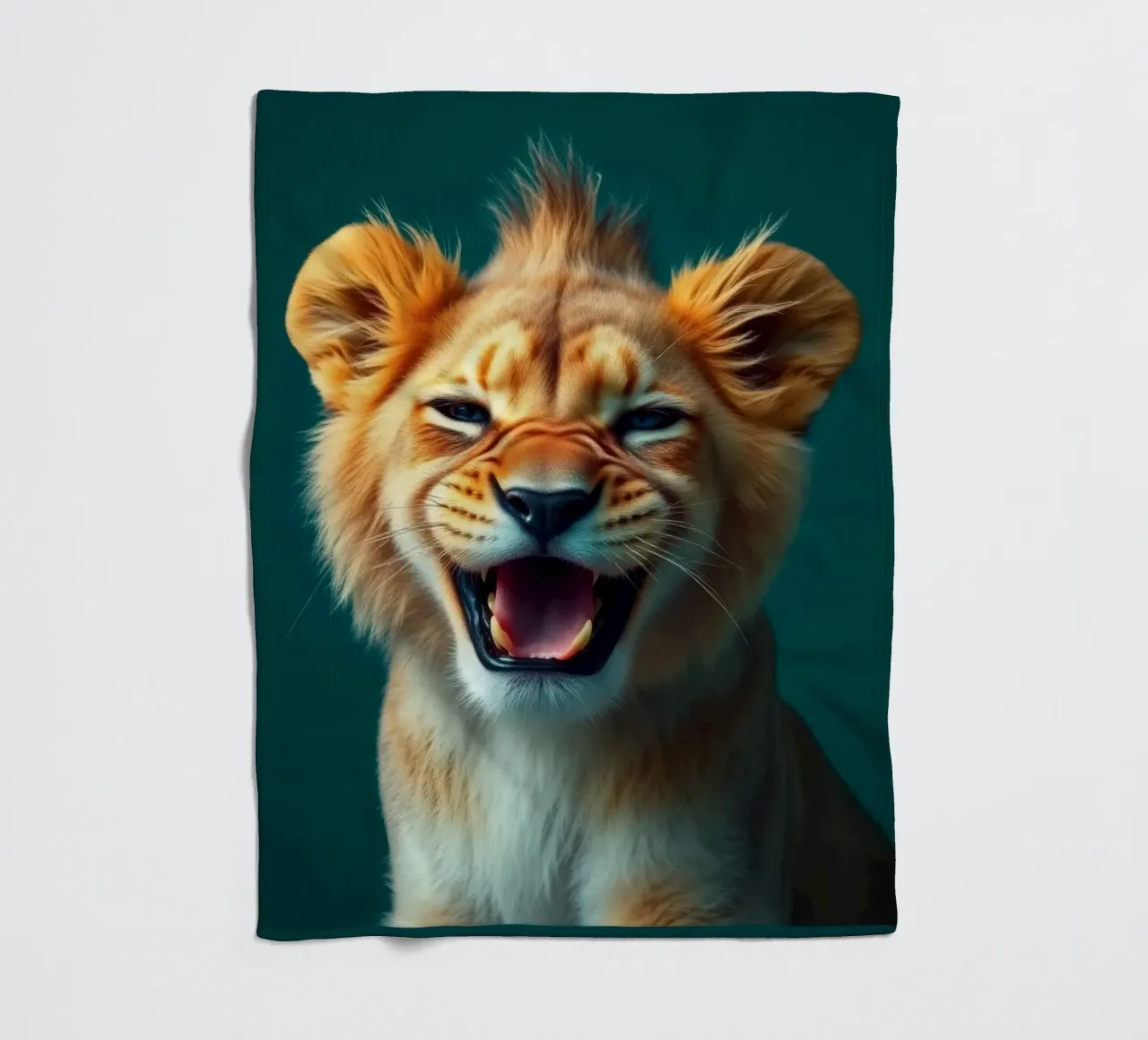 Leeuwenwelp toont speelse energie met een blije uitdrukking fleecedeken van DesignDoodle