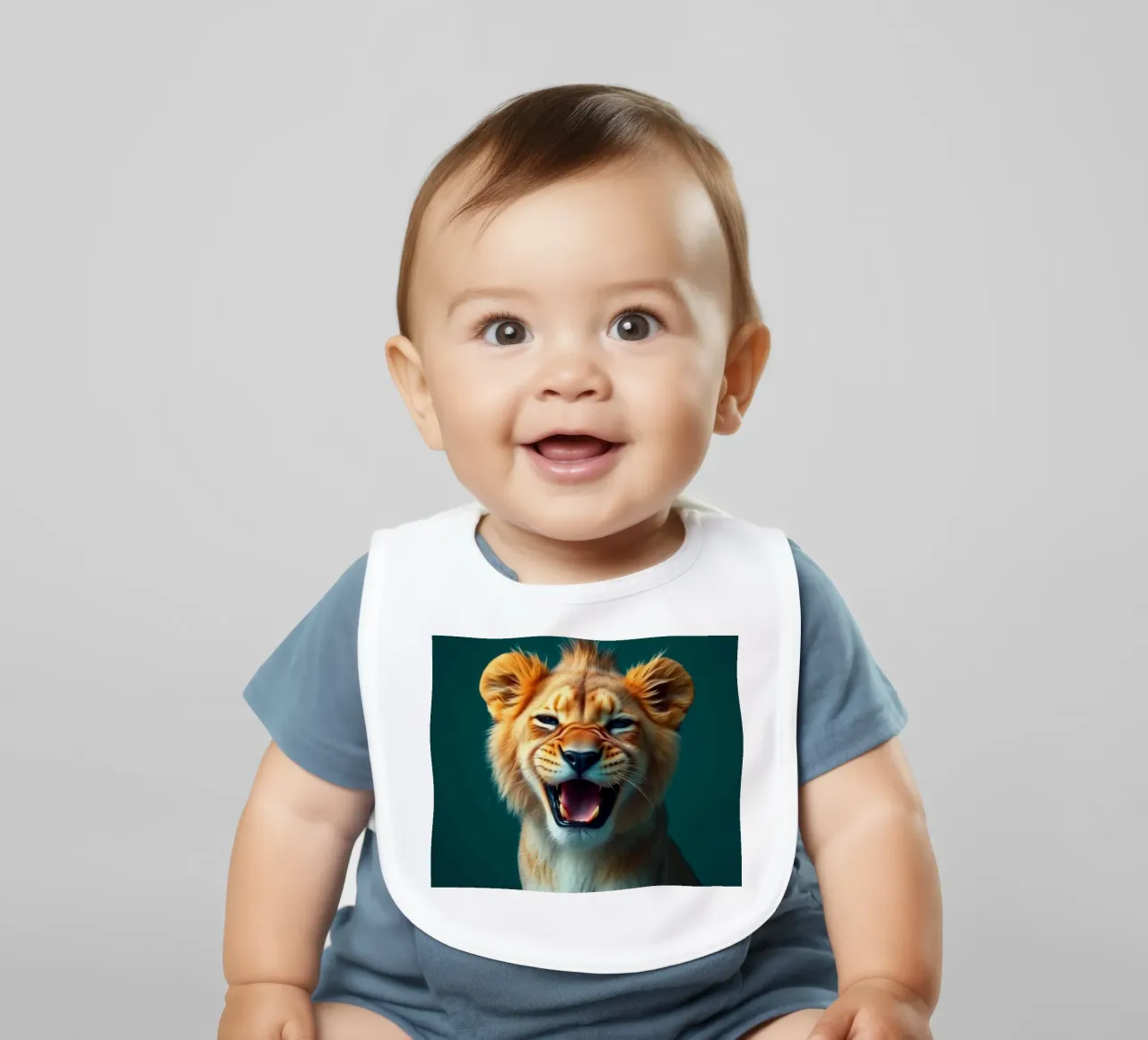 Leeuwenwelp toont speelse energie met een blije uitdrukking baby slabbetje van DesignDoodle