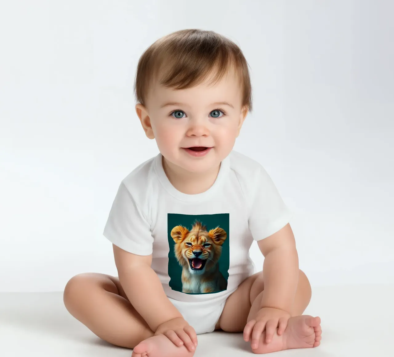 Leeuwenwelp toont speelse energie met een blije uitdrukking babyrompertje korte mouwen van DesignDoodle