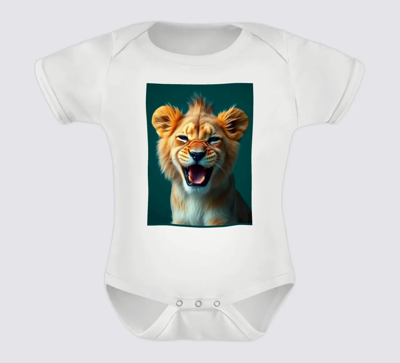 Leeuwenwelp toont speelse energie met een blije uitdrukking babyrompertje korte mouwen van DesignDoodle