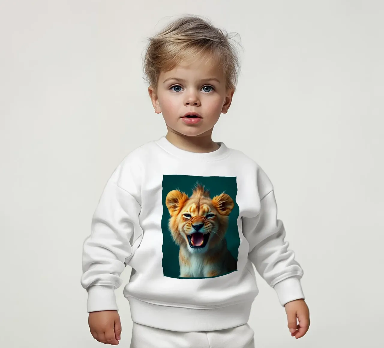 Leeuwenwelp toont speelse energie met een blije uitdrukking baby sweatshirt van DesignDoodle