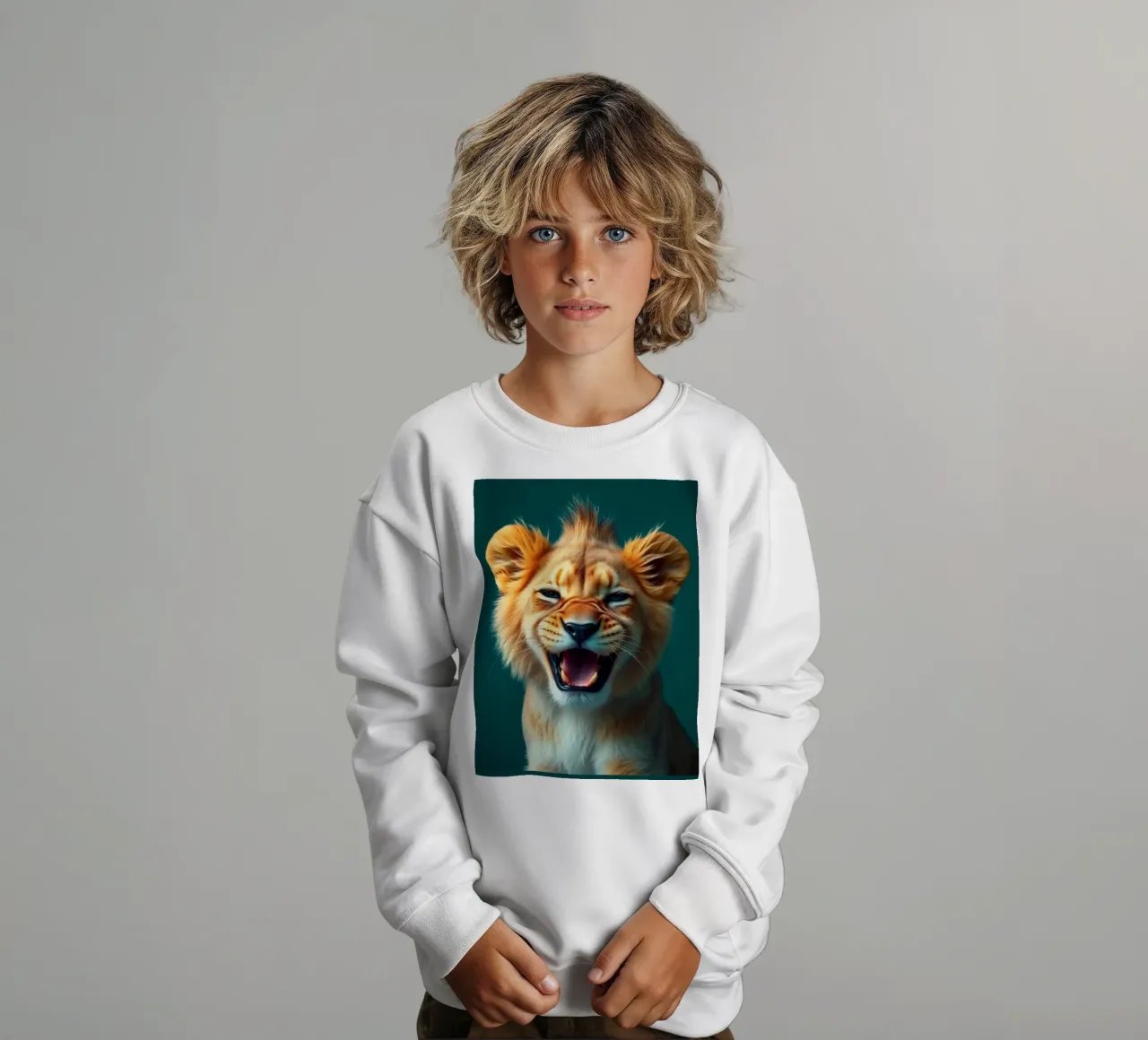 Leeuwenwelp toont speelse energie met een blije uitdrukking kinder sweatshirt van DesignDoodle