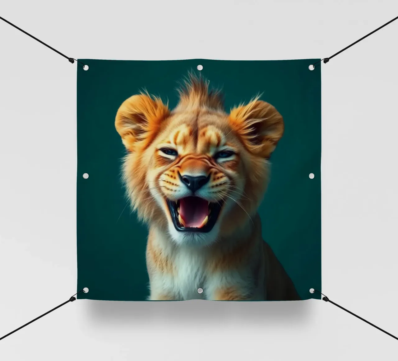 Leeuwenwelp toont speelse energie met een blije uitdrukking pvc-zeil van DesignDoodle