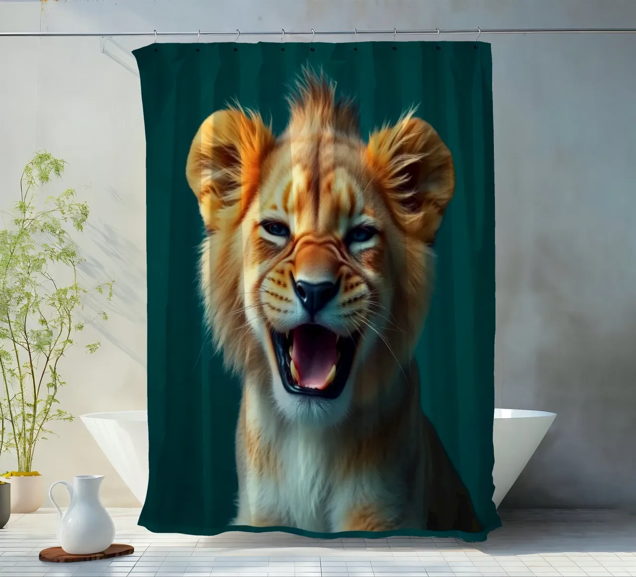 Leeuwenwelp toont speelse energie met een blije uitdrukking douchegordijn van DesignDoodle