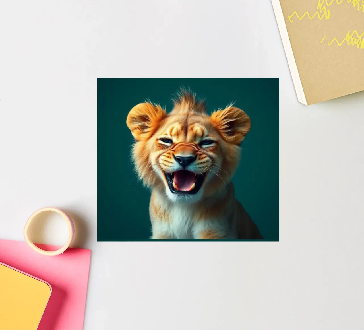 Leeuwenwelp toont speelse energie met een blije uitdrukking sticker van DesignDoodle