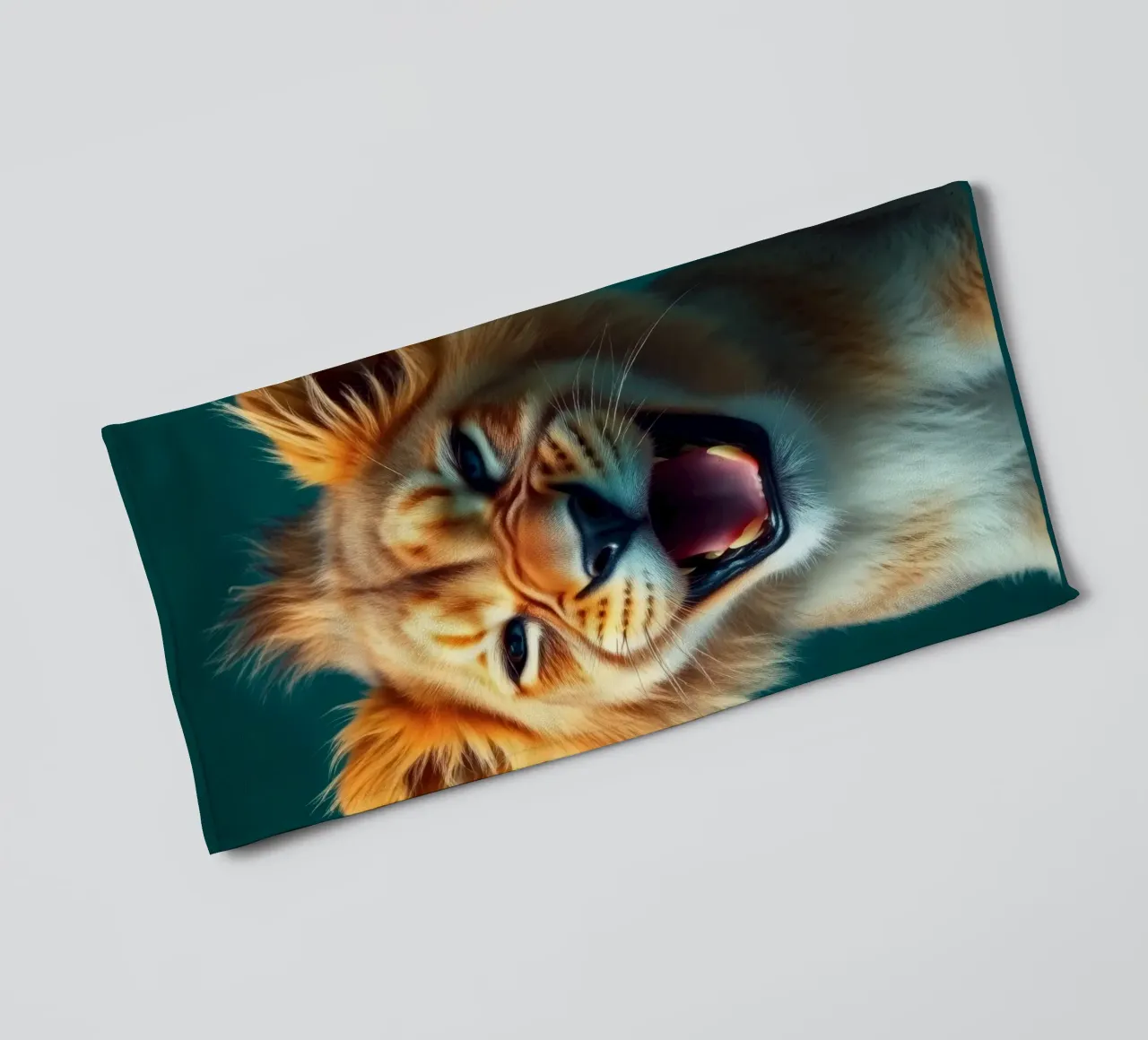 Leeuwenwelp toont speelse energie met een blije uitdrukking badhanddoek van DesignDoodle