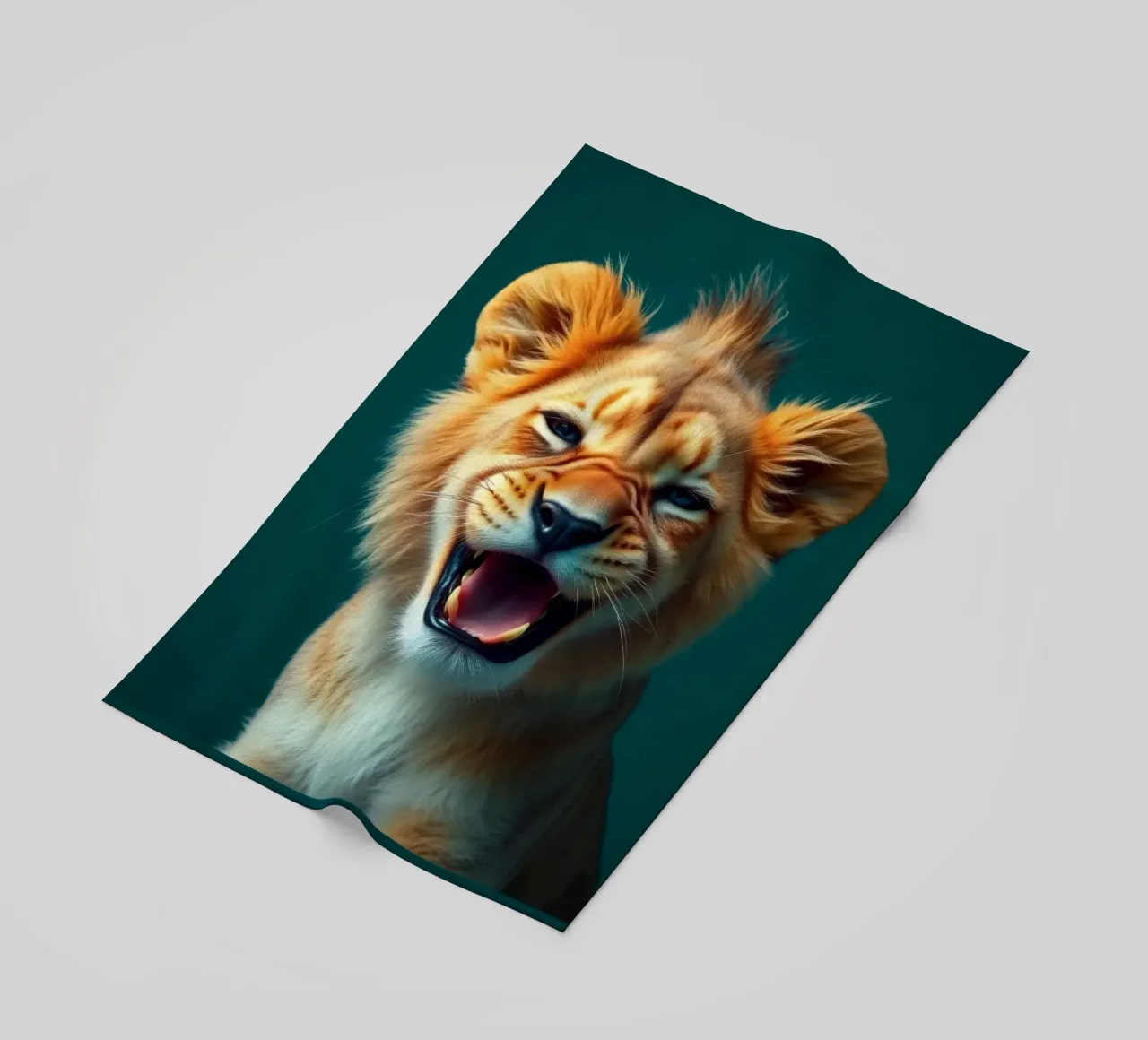 Leeuwenwelp toont speelse energie met een blije uitdrukking strandhanddoek van DesignDoodle