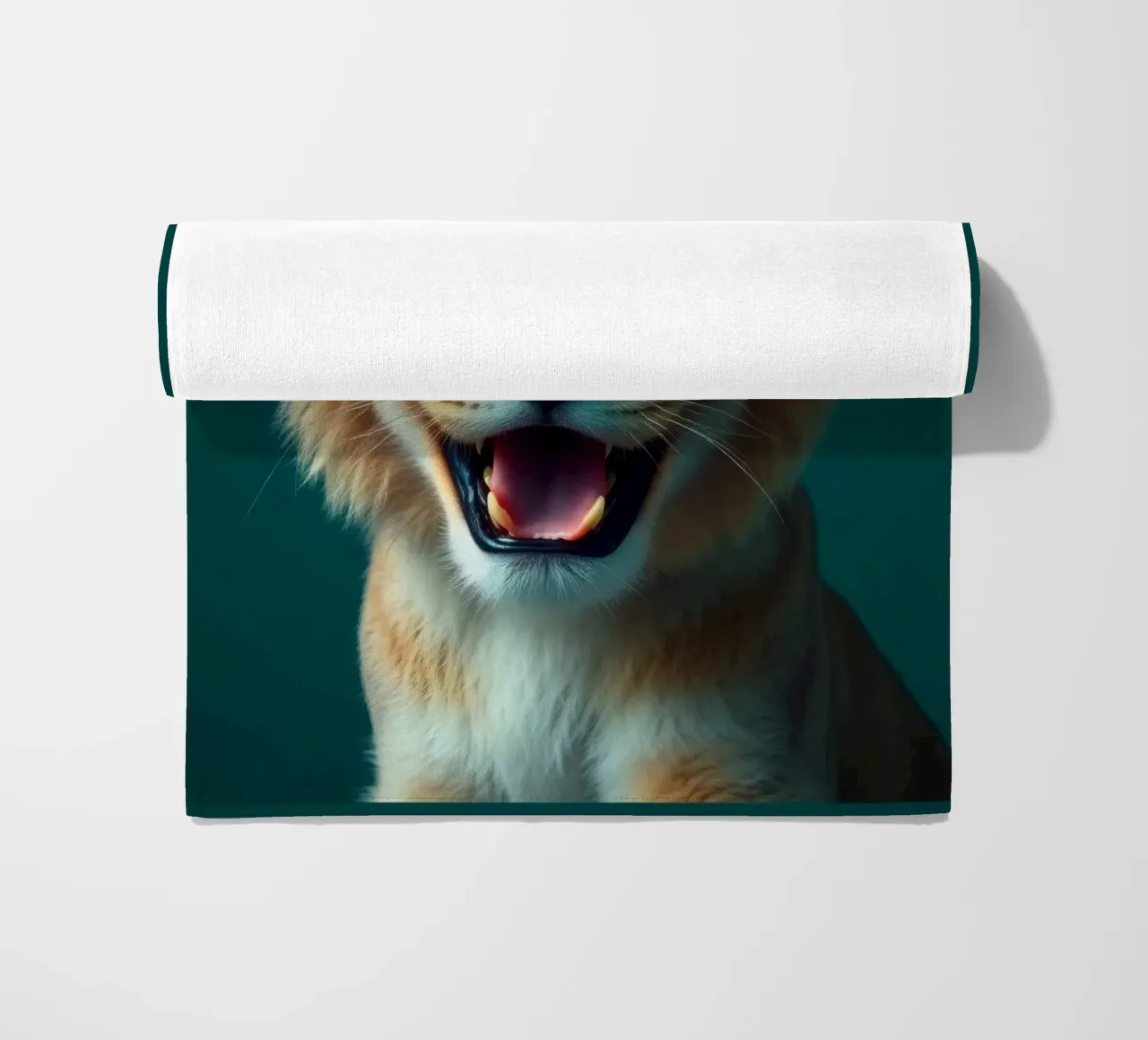 Leeuwenwelp toont speelse energie met een blije uitdrukking strandhanddoek van DesignDoodle