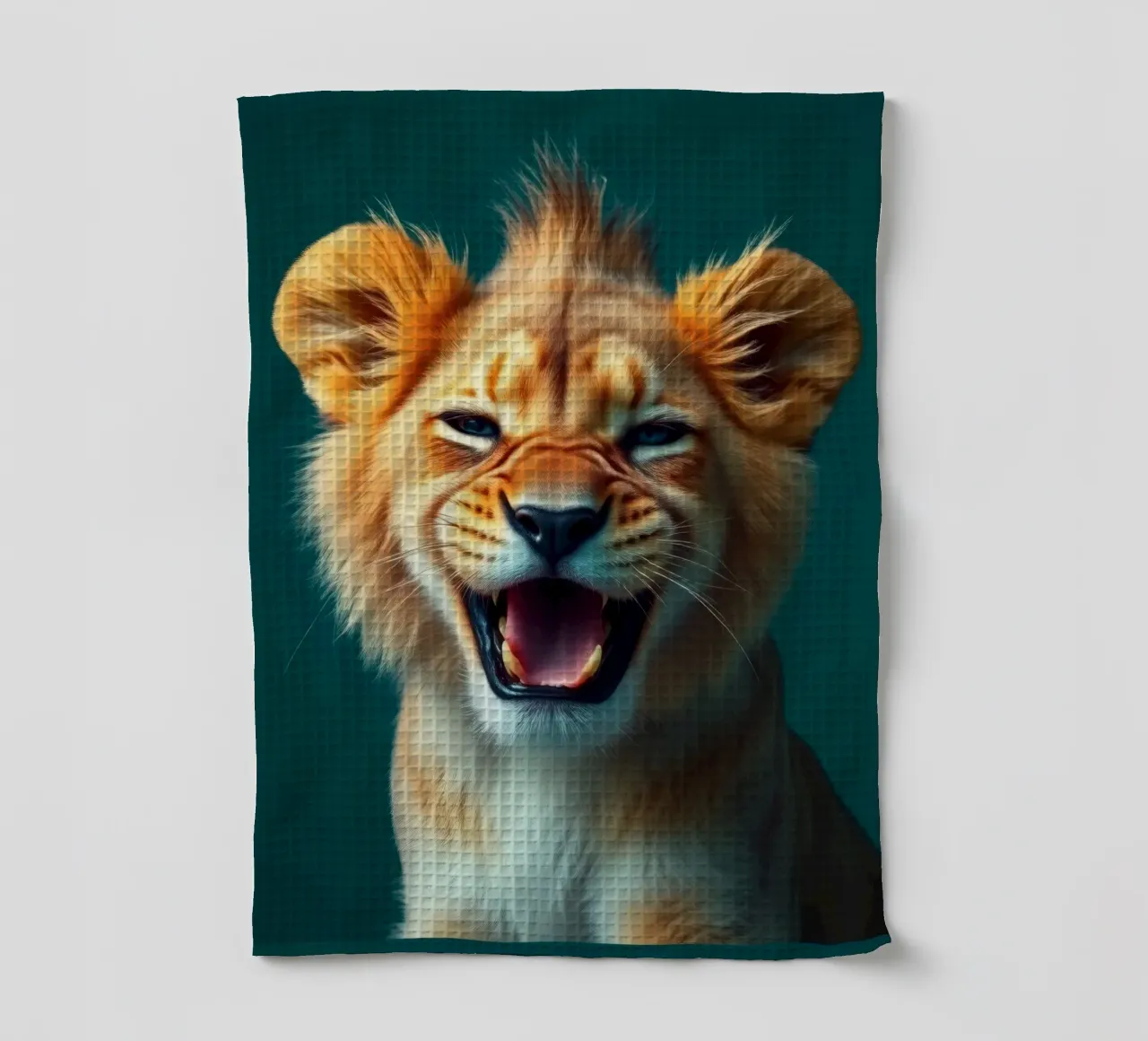 Leeuwenwelp toont speelse energie met een blije uitdrukking theedoek van DesignDoodle