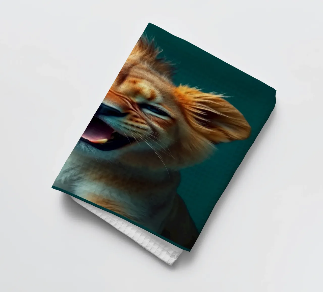 Leeuwenwelp toont speelse energie met een blije uitdrukking theedoek van DesignDoodle