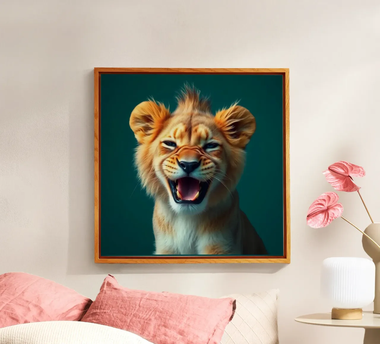 Leeuwenwelp toont speelse energie met een blije uitdrukking acryl van DesignDoodle