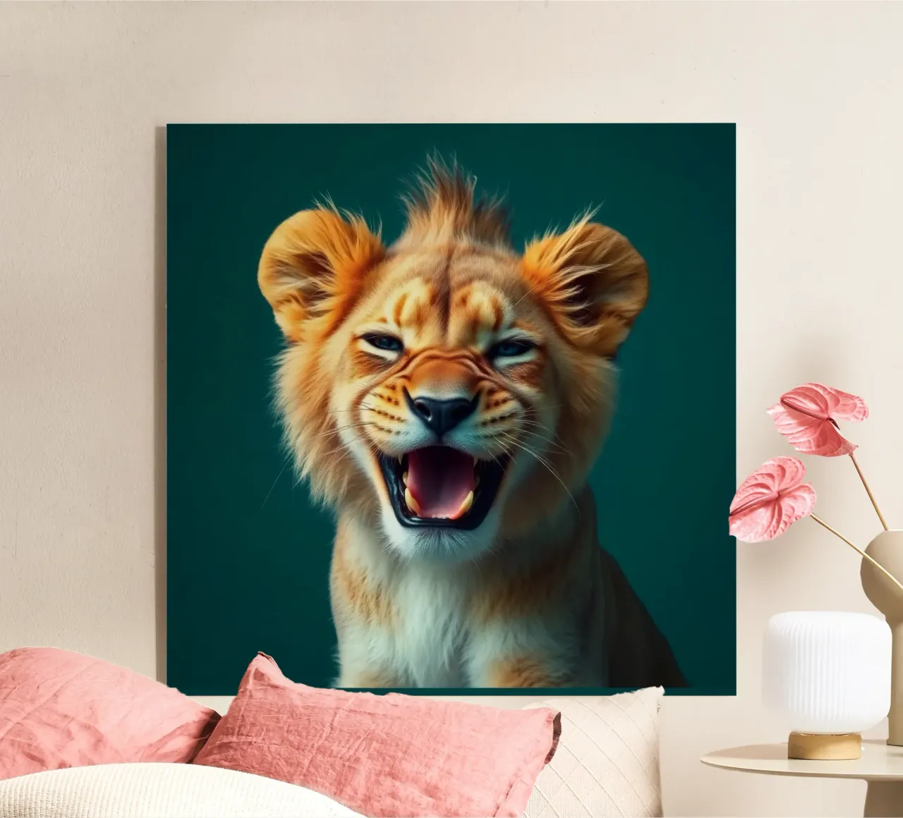 Leeuwenwelp toont speelse energie met een blije uitdrukking acryl van DesignDoodle