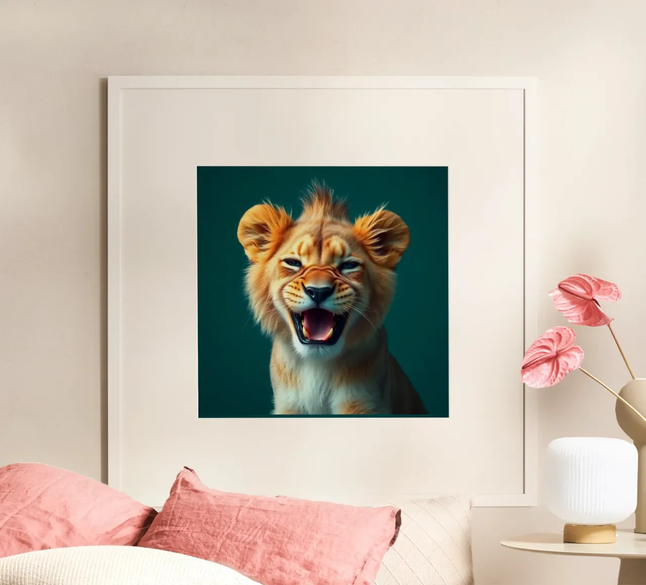 Leeuwenwelp toont speelse energie met een blije uitdrukking poster van DesignDoodle