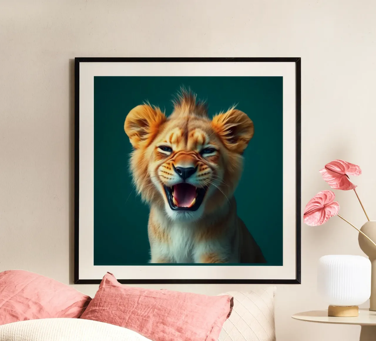 Leeuwenwelp toont speelse energie met een blije uitdrukking poster van DesignDoodle