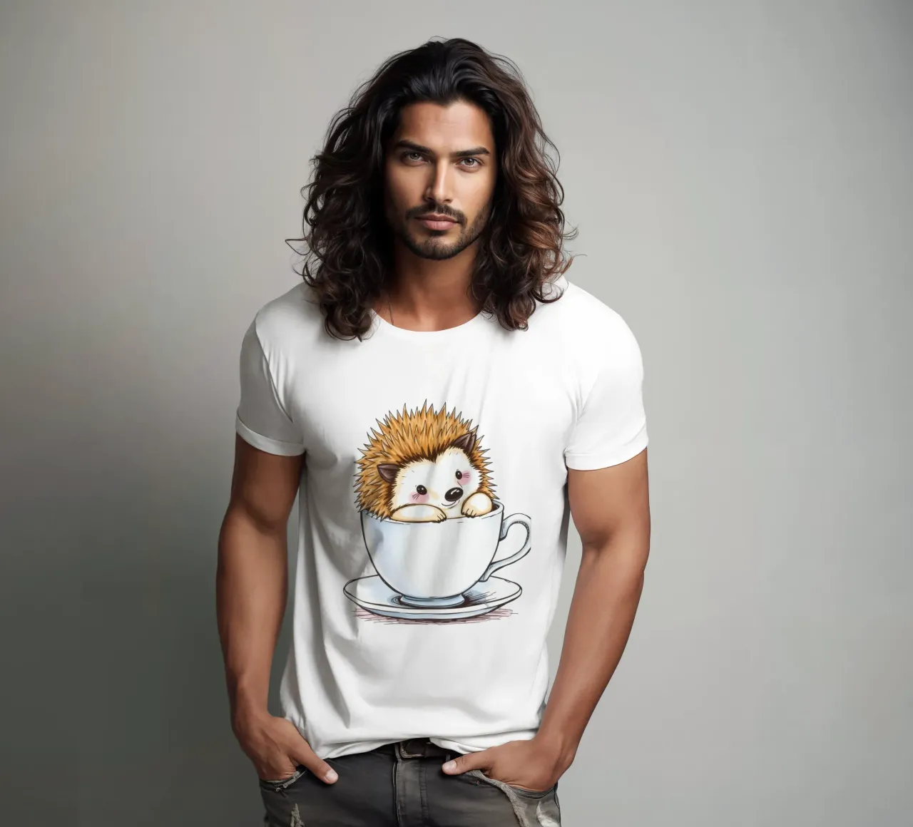 Hérisson mignon assis dans une tasse à thé blanche avec une expression charmante t-shirt de DesignDoodle