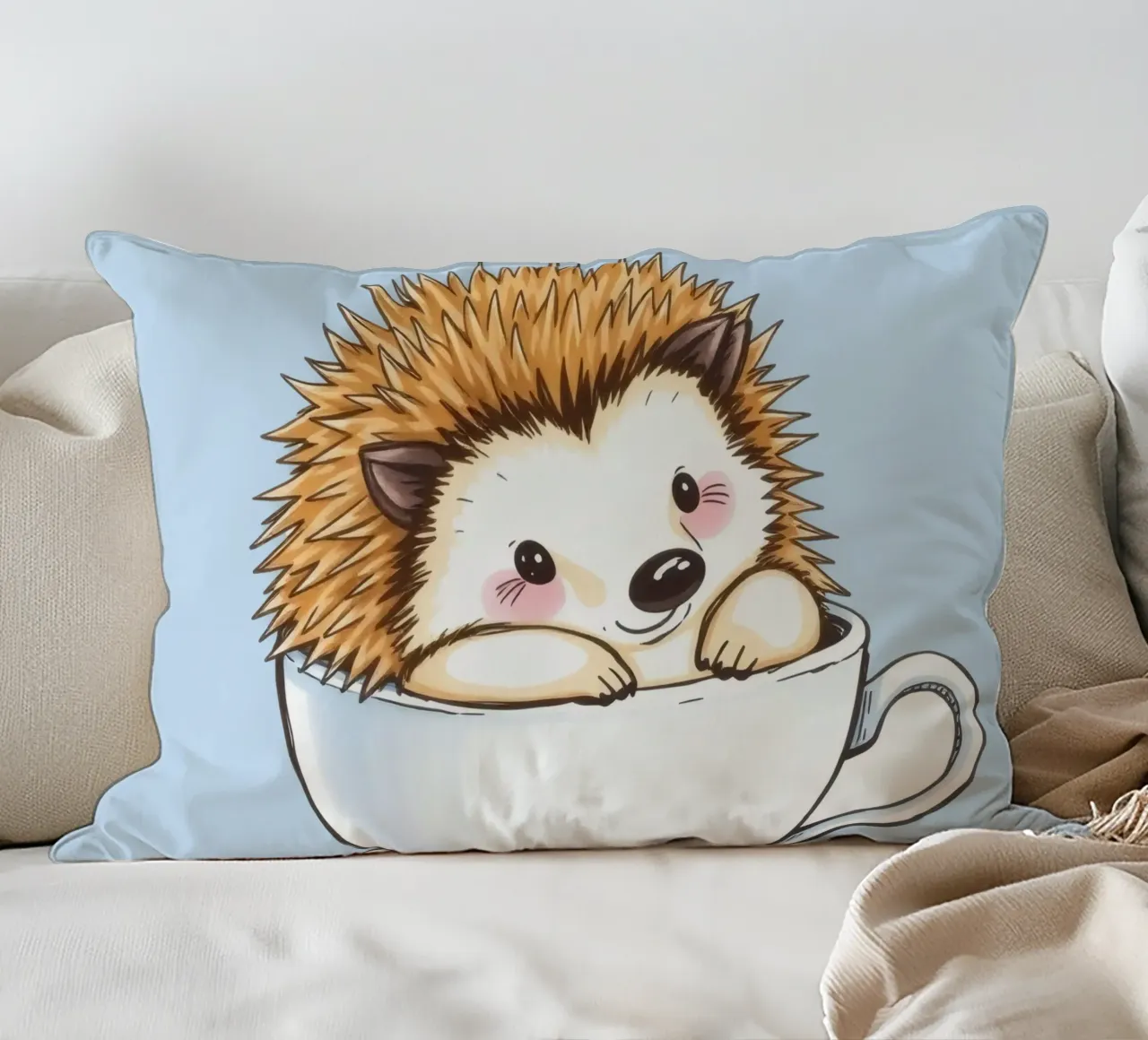 Hérisson mignon assis dans une tasse à thé blanche avec une expression charmante coussin de DesignDoodle